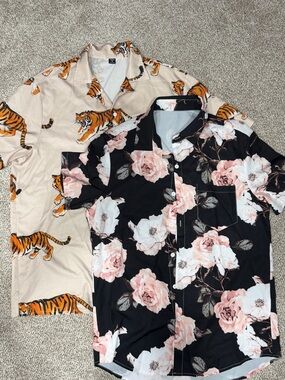 BUNDLE - 2 Men’s Button-Up Shirts - Floral & Tiger Print Short-Sleeve